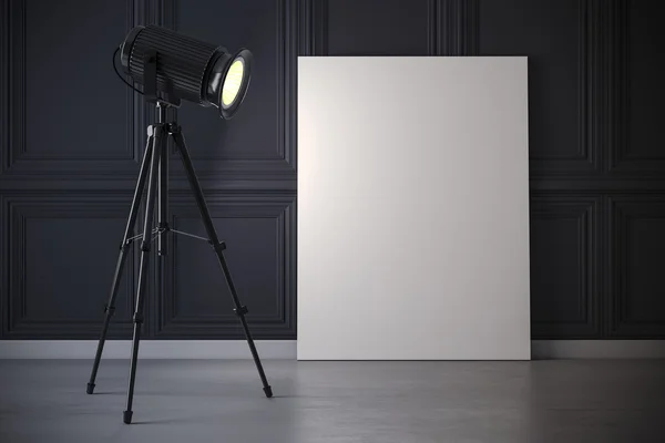 3d studio light projector and blank canvas frame — Stock Photo, Image