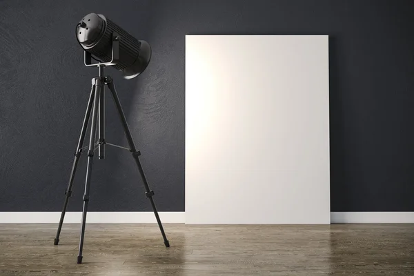 Proiettore di luce studio 3d e cornice in tela bianca — Foto Stock