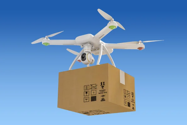 3d flying drone with video camera and package, delivery concept