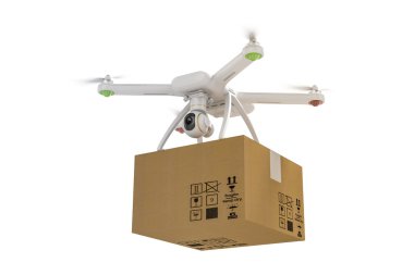 3D uçan uçak video kamera ve paket, teslimat kavramı ile