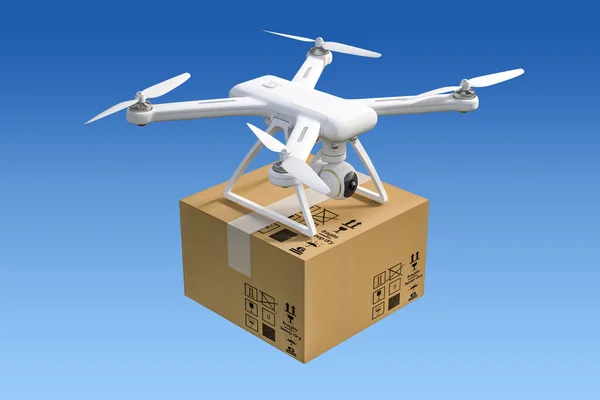 Drone volante 3d con videocamera e pacchetto, concetto di consegna — Foto Stock