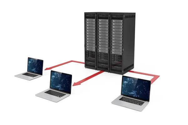 Centro de datos del servidor 3d y red de computadoras portátiles en fondo blanco —  Fotos de Stock