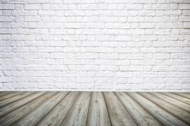 3D iç arka plan beyaz tuğla duvar ve ahşap zemin ile