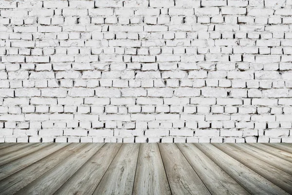 3d interior background with white brick wall and wooden floor