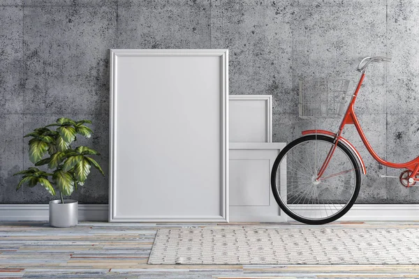 3d interior with blank frame and bicycle — Stock Photo, Image