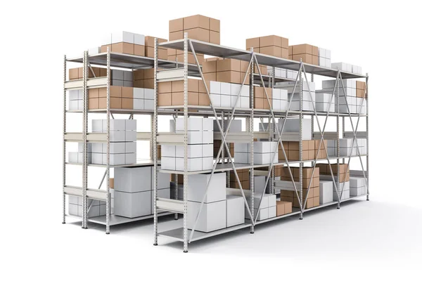 3d metal rack armazém com caixas — Fotografia de Stock