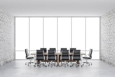 3D konferans office büyük bir pencere ve beyaz tuğla duvar ile