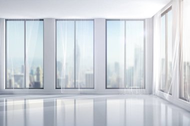 3D render büyük pencereler ile iç odası