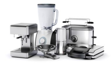 Beyaz arka plan üzerinde beyaz eşya 3D set