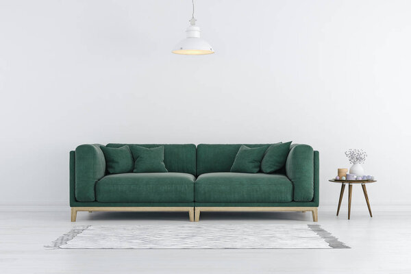 3D визуализация красивого интерьера с зеленым диваном и белыми стенами
