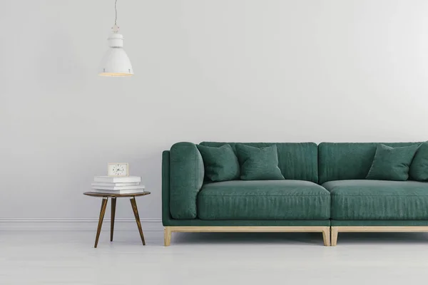 3D визуализация красивого интерьера с зеленым диваном и белыми стенами — стоковое фото