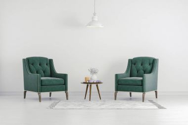 Yeşil sandalye ve beyaz duvar 3D temiz iç Oda