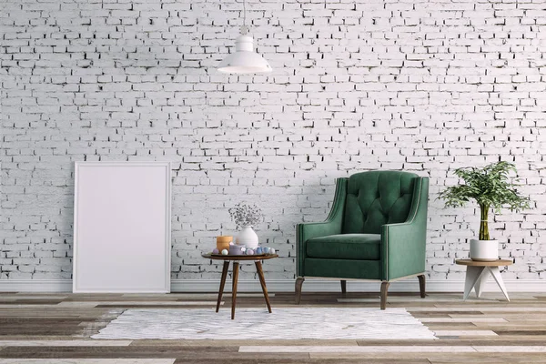 Chambre intérieure propre 3d avec chaise verte et mur blanc — Photo