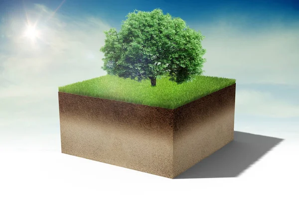 Árvore 3d em um pequeno pedaço de ilha de terra com grama verde fresco — Fotografia de Stock