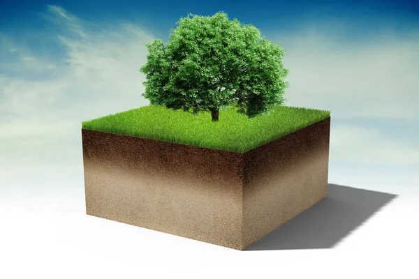 3d tree on a little piece of land island with fresh green grass — Stock Photo, Image