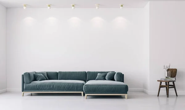 Odwzorowania 3D białe wnętrza z zielona sofa i fotel — Zdjęcie stockowe