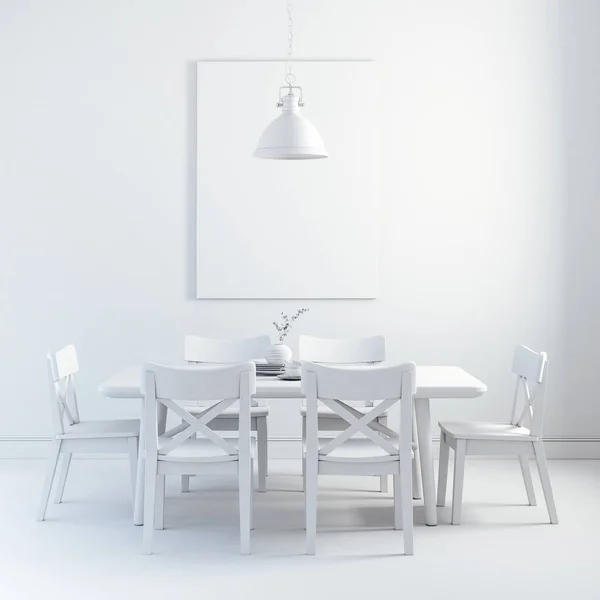 3D render van schoon interieur met houten tafel en stoelen — Stockfoto