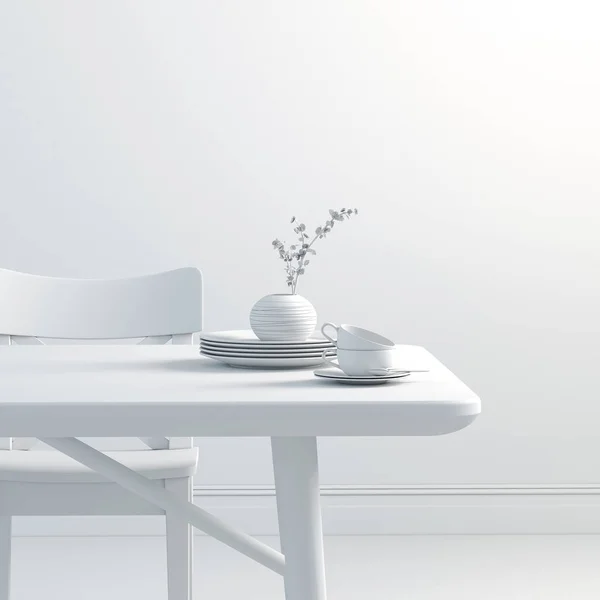 木製のテーブルと椅子のあるきれいなインテリアの 3 d レンダリング — ストック写真