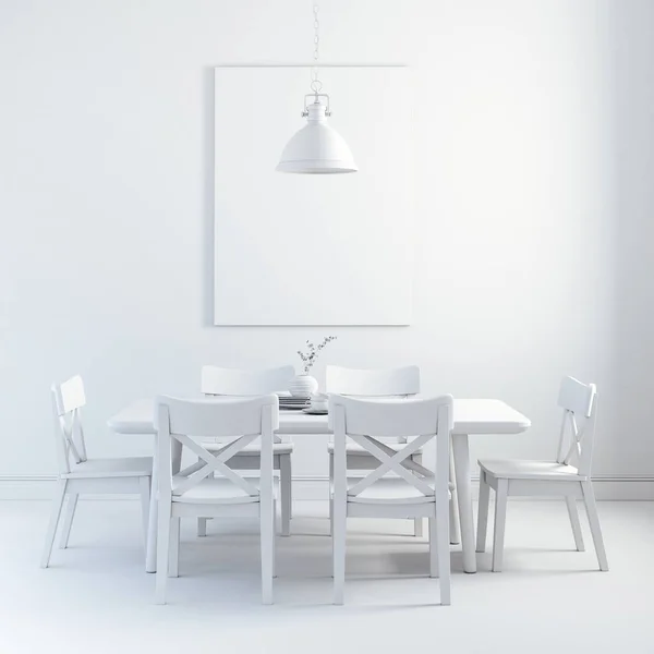 木製のテーブルと椅子のあるきれいなインテリアの 3 d レンダリング — ストック写真
