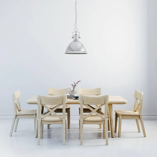 3D činí z čistého interiéru s dřevěným stolem a židlemi — Stock fotografie