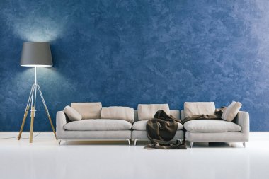 mavi duvar ile 3D modern iç mekan tasarımları