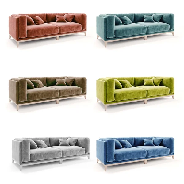 3d bellissimo divano in velluto colorato su sfondo bianco — Foto Stock