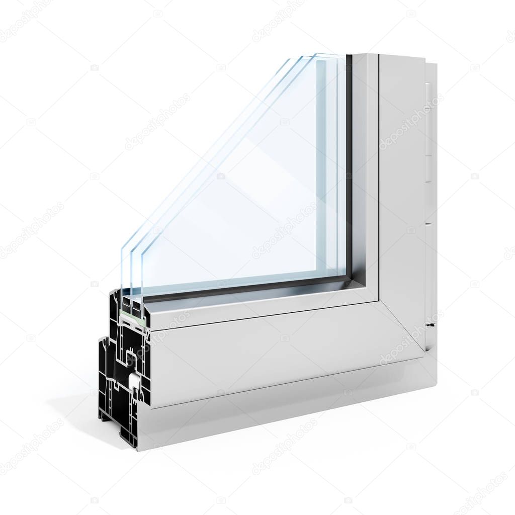 3d detailed window frame profile section, on white background