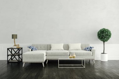 güzel iç kurulum kanepe ve ahşap zemin ile 3D render