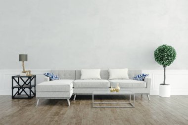 güzel iç kurulum kanepe ve ahşap zemin ile 3D render