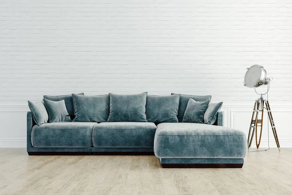 ソファと木製の床と美しいインテリアのセットアップの レンダリング — ストック写真