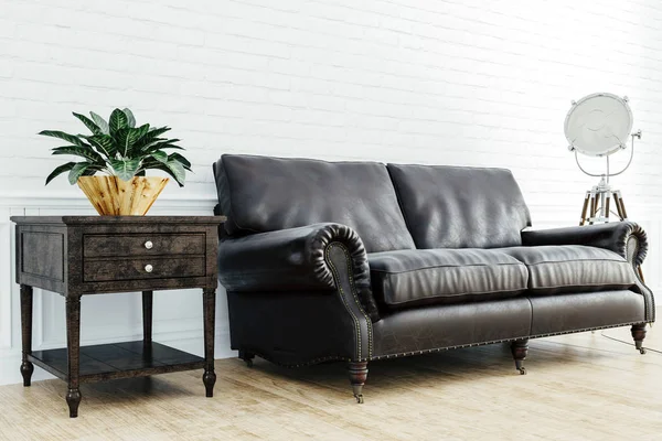 革のソファと木製の床と美しいインテリアのセットアップの レンダリング — ストック写真