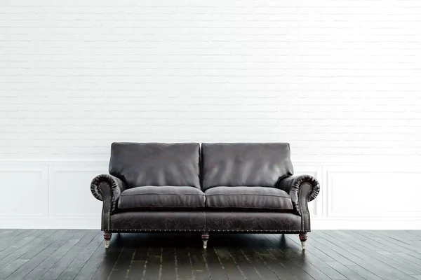 Renderizado Hermosa Configuración Interior Con Sofá Cuero Suelo Madera — Foto de Stock