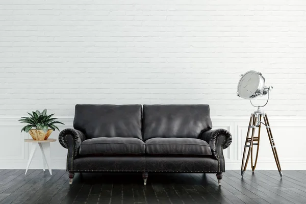 革のソファと木製の床と美しいインテリアのセットアップの レンダリング — ストック写真
