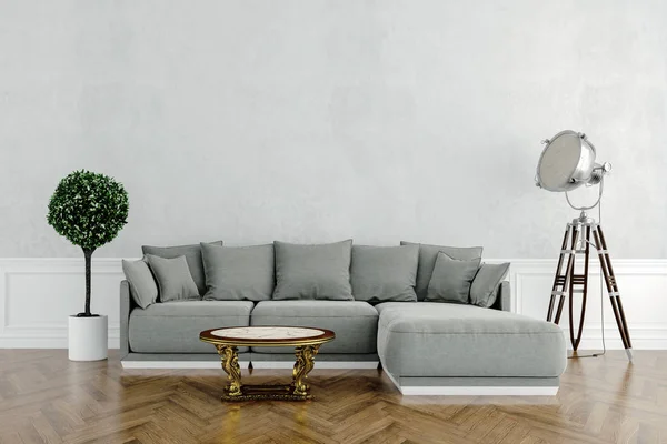 用沙发和木地板装饰美观的室内安装 — 图库照片