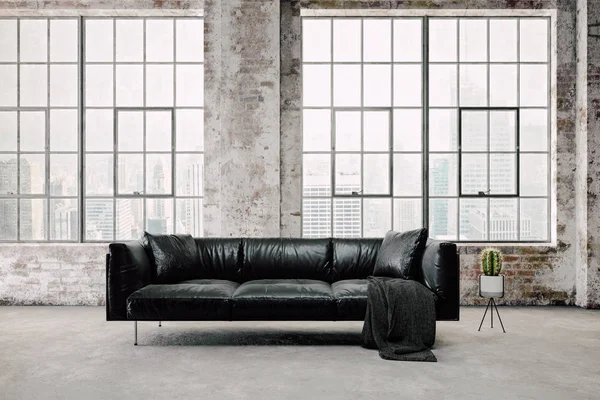 带黑色皮沙发的空工业老式内饰3D渲染 — 图库照片