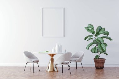 3 boyutlu güzel iç mekan, masa ve sandalyeler.