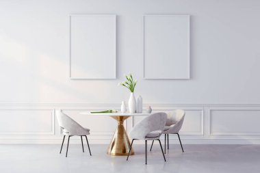 3 boyutlu güzel iç mekan, masa ve sandalyeler.