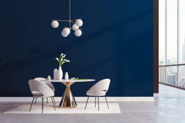 3 boyutlu güzel iç mekan, masa ve sandalyeler.