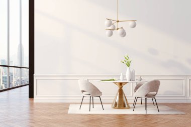 3 boyutlu güzel iç mekan, masa ve sandalyeler.