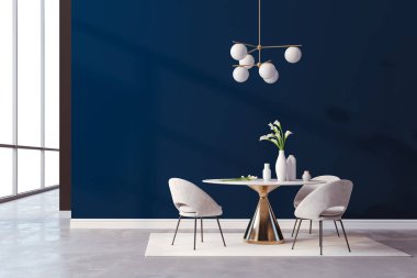 3 boyutlu güzel iç mekan, masa ve sandalyeler.