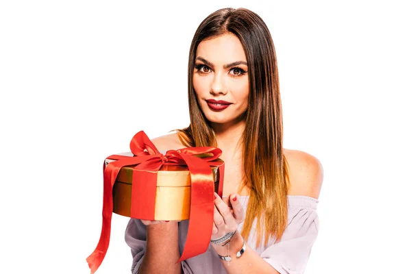 Schöne Junge Frau Modell Mit Geschenk Box — Stockfoto