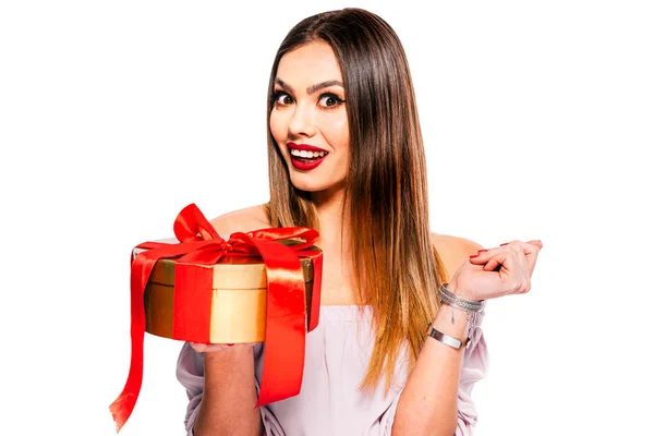 Schöne Junge Frau Modell Mit Geschenk Box — Stockfoto