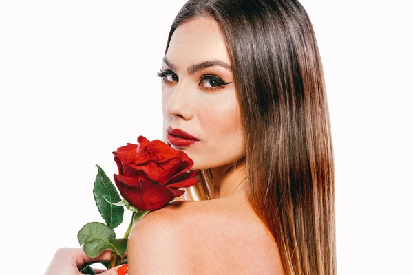 Hermosa Mujer Modelo Ahuecando Una Rosa Roja —  Fotos de Stock