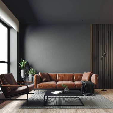 Koyu gri duvarları olan 3D güzel iç mekan.