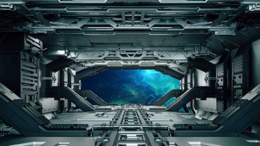 3D fütüristik uzay tesisi koridoru 