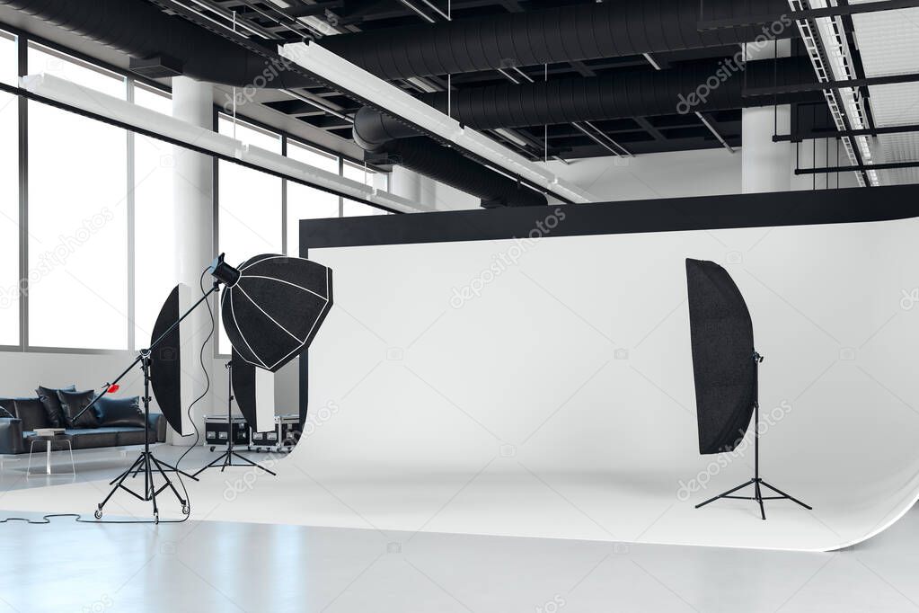 3d image of clean big space photo studio