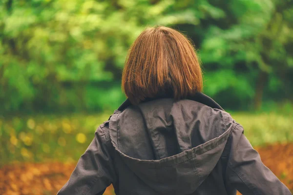 Vista trasera de la caminata femenina casual en el parque de otoño —  Fotos de Stock