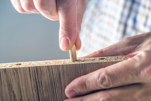 Man assembling furniture at home, hand with wooden dowel pins — Stock Photo, Image