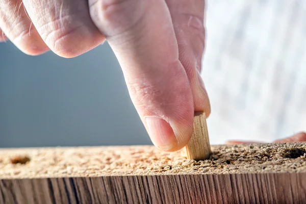 Homem montando móveis em casa, mão com alfinetes de madeira — Fotografia de Stock