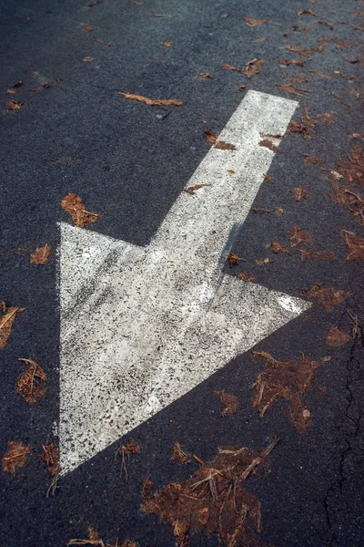Λευκό βέλος σε ασφαλτοστρωμένο δρόμο, η πινακίδα κυκλοφορίας — Φωτογραφία Αρχείου